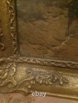 Antique Painting, Oil on Canvas, Landscape with Goats, Signed