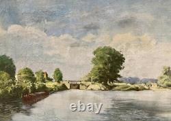 Antique Painting Oil on Canvas Lock of Neuilly-sur-Marne 1948 signed Bern Art