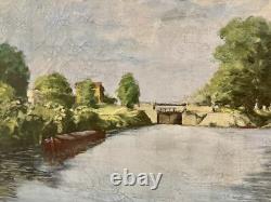 Antique Painting Oil on Canvas Lock of Neuilly-sur-Marne 1948 signed Bern Art