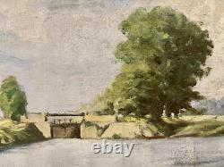 Antique Painting Oil on Canvas Lock of Neuilly-sur-Marne 1948 signed Bern Art
