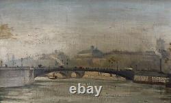 Antique Painting, Paris, Le Pont D'arcole, Oil On Carton Box, Early 20th Century
