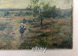Antique Painting, Peasant In A Landscape, Oil On Cartoon, Painting, Early 20th Century