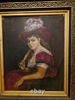 Antique Painting, Portrait of a Woman, Oil on Canvas, 19th Century