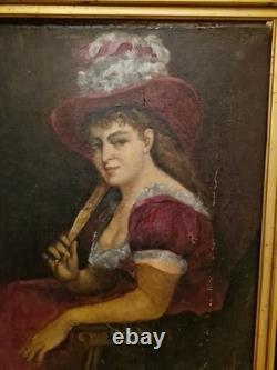Antique Painting, Portrait of a Woman, Oil on Canvas, 19th Century