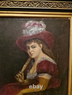 Antique Painting, Portrait of a Woman, Oil on Canvas, 19th Century