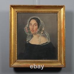 Antique Painting: Portrait of a Young Woman, Oil on Canvas, 19th Century