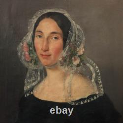 Antique Painting: Portrait of a Young Woman, Oil on Canvas, 19th Century