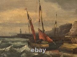 Antique Painting. Seascape with Sails, Oil on Wood Panel