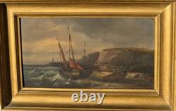 Antique Painting. Seascape with Sails, Oil on Wood Panel