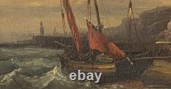 Antique Painting. Seascape with Sails, Oil on Wood Panel