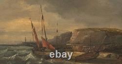 Antique Painting. Seascape with Sails, Oil on Wood Panel