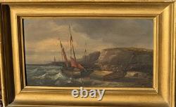 Antique Painting. Seascape with Sails, Oil on Wood Panel