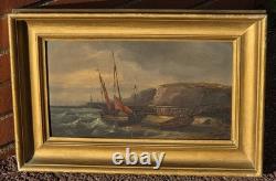 Antique Painting. Seascape with Sails, Oil on Wood Panel