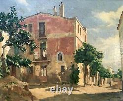 Antique Painting Signed And Dated 1943, Moncada, Spain, Oil On Canvas, 20th Century