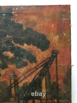 Antique Painting Signed, Animated Docks, Oil On Canvas, Signature To Be Identified, 20th