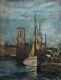 Antique Painting Signed, Animated Port, Oil On Canvas To Restore, Early 20th Century
