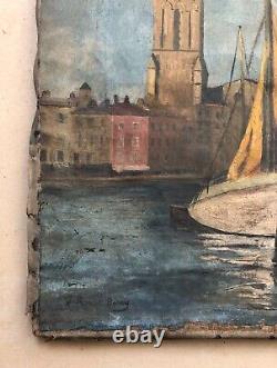 Antique Painting Signed, Animated Port, Oil On Canvas To Restore, Early 20th Century
