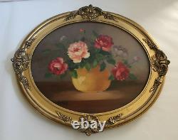 Antique Painting Signed By Louis Andrey, Oil On Panel Bouquet Of Roses Golden Frame
