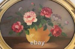 Antique Painting Signed By Louis Andrey, Oil On Panel Bouquet Of Roses Golden Frame