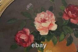 Antique Painting Signed By Louis Andrey, Oil On Panel Bouquet Of Roses Golden Frame