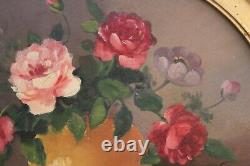 Antique Painting Signed By Louis Andrey, Oil On Panel Bouquet Of Roses Golden Frame