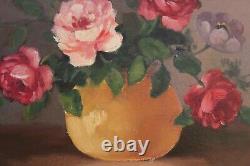 Antique Painting Signed By Louis Andrey, Oil On Panel Bouquet Of Roses Golden Frame