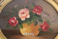 Antique Painting Signed By Louis Andrey, Oil On Panel Bouquet Of Roses Golden Frame