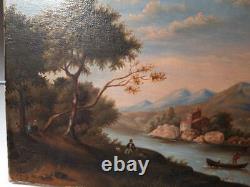 Antique Painting Signed, Oil On Canvas, Animated River Landscape, 19th Century