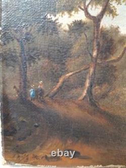 Antique Painting Signed, Oil On Canvas, Animated River Landscape, 19th Century