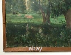 Antique Painting Signed, Oil On Canvas, Clairière, Vache, Large Format, Early 20th Century
