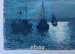 Antique Painting Signed, Oil On Canvas, Pinasses, Port Louis, Brittany, 20th Century