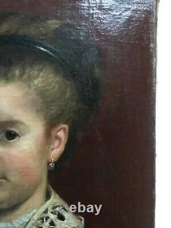 Antique Painting Signed, Oil On Canvas, Portrait Of Girl, Child, 19th Century