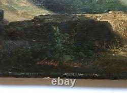 Antique Painting Signed, Oil On Canvas To Restore, Animated River Landscape, 19th Century