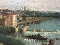 Antique Painting Signed, Oil On Canvas To Restore, Animated River Landscape, 19th Century