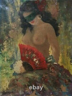 Antique Painting Signed, Oil On Canvas To Restore, Courtisane Au Loup, Early 20th Century