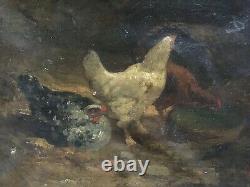 Antique Painting Signed, Signature, Oil On Canvas, Poules, Painting, 19th Century