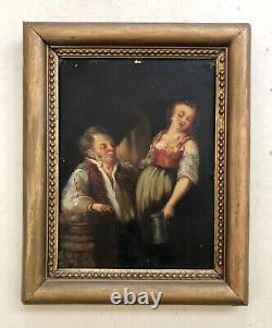 Antique Painting Signed, Tavern Scene, Oil On Cardboard, Painting 19th Century