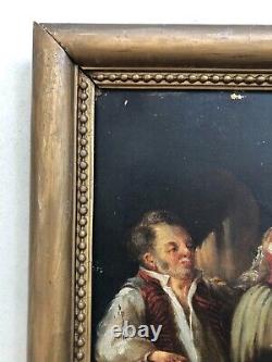 Antique Painting Signed, Tavern Scene, Oil On Cardboard, Painting 19th Century