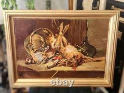 Antique Painting. The Hunting Trophies. Oil on Canvas, Signed M F