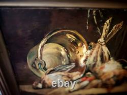 Antique Painting. The Hunting Trophies. Oil on Canvas, Signed M F