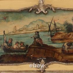 Antique Painting, View of the Port, Oil on Panel, 19th Century, Original
