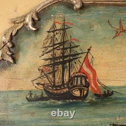 Antique Painting, View of the Port, Oil on Panel, 19th Century, Original