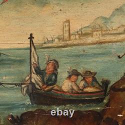 Antique Painting, View of the Port, Oil on Panel, 19th Century, Original
