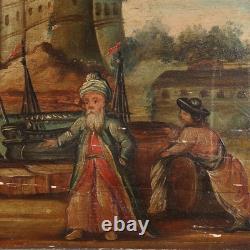 Antique Painting, View of the Port, Oil on Panel, 19th Century, Original