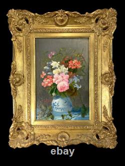 Antique Painting /oil On A Canvas. Large Bouquet Of Flowers / Blue Vase