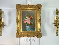 Antique Painting /oil On A Canvas. Large Bouquet Of Flowers / Blue Vase