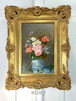 Antique Painting /oil On A Canvas. Large Bouquet Of Flowers / Blue Vase