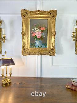 Antique Painting /oil On A Canvas. Large Bouquet Of Flowers / Blue Vase