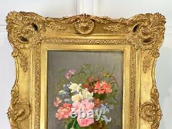 Antique Painting /oil On A Canvas. Large Bouquet Of Flowers / Blue Vase