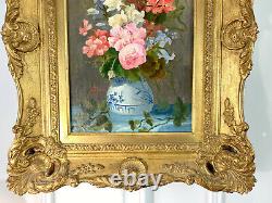 Antique Painting /oil On A Canvas. Large Bouquet Of Flowers / Blue Vase